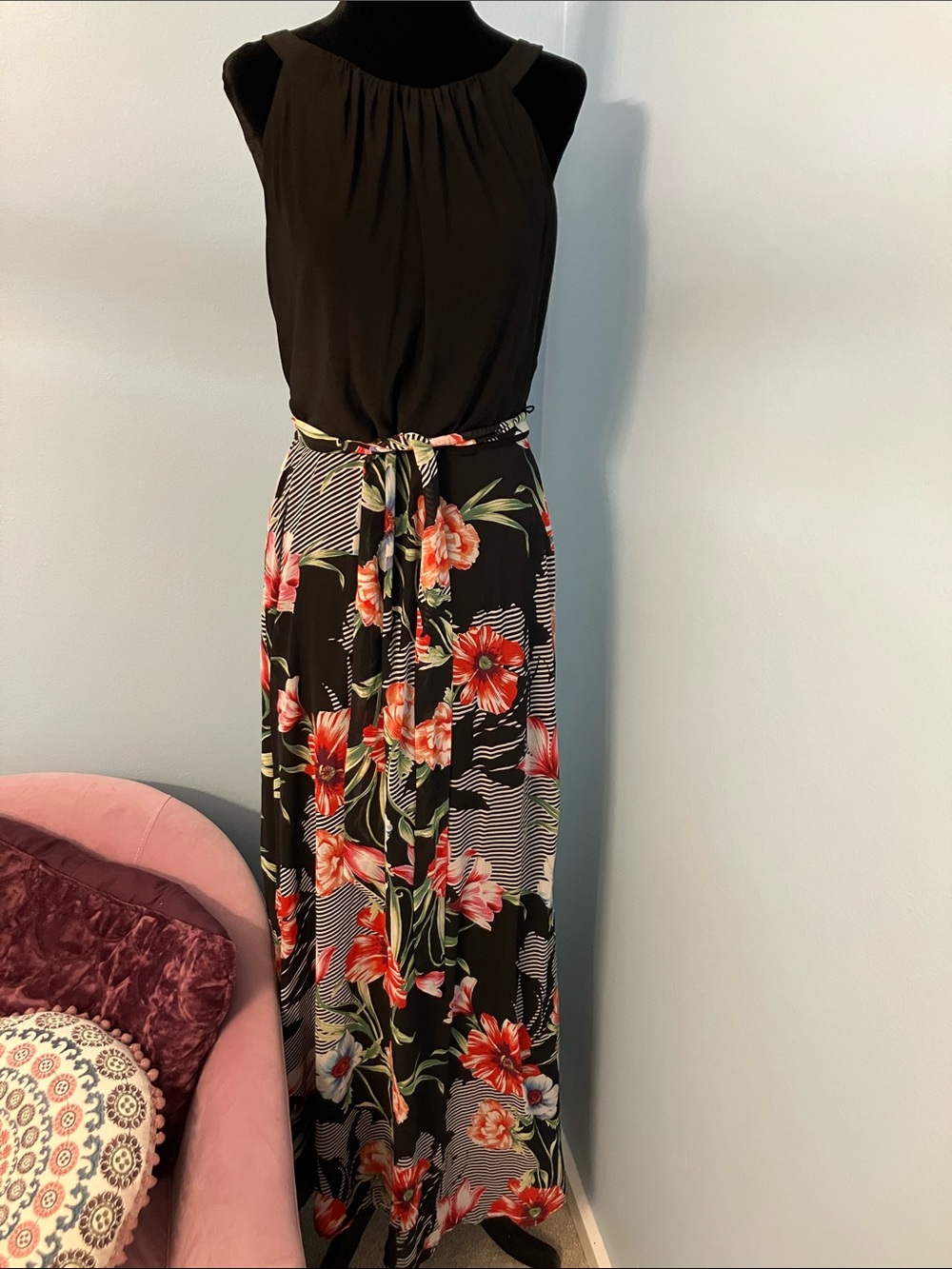 R&K Black Maxi Dress with Red & Green Floral Skirt